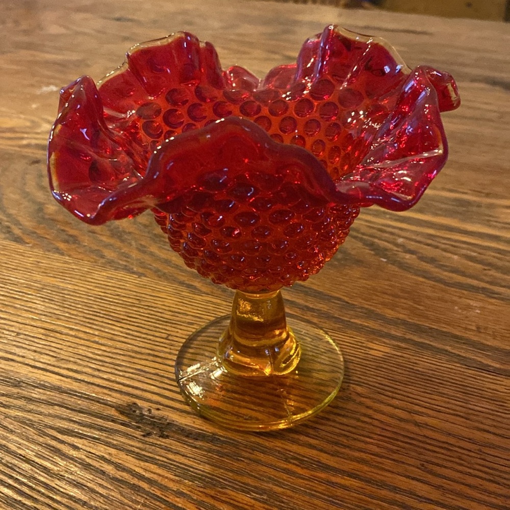 Vintage red and amber hobnail footed candy dish